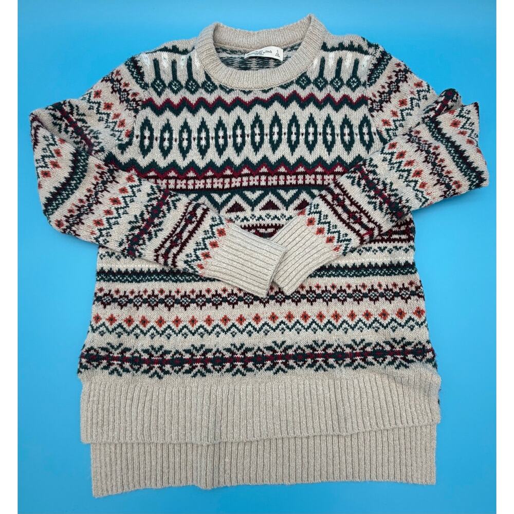 Abercrombie &‎ Fitch Womens Small Wool Blend Crew Neck Sweater Fair Isle Cream
